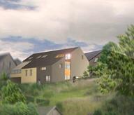 Virtual view. Existing house on the left. New building with slate skin on the right.