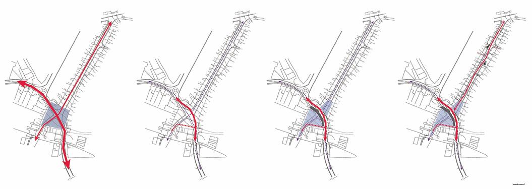 1.Un grand carrefour envahis par la voiture; 2.Modification du tracé de la Nationale 3.Modification du relief pour créer une place basse et une place haute.4.Modification du tracé de la rue pour rompre la ligne droite - rénovation des usoirs.