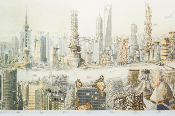 Une aquarelle originale représentant une vision «archiboréale» future de la ville de Shanghai où arbres et gratte-ciels s'entremêlent. Vision future de Shanghai, par Luc Schuiten ; Shanghai, Chine, 2012