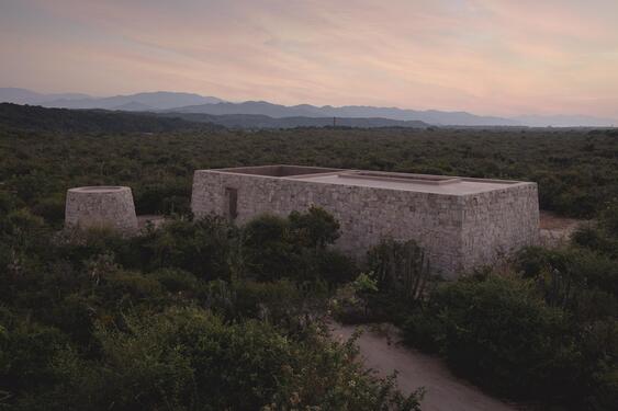 Aerial view of the building at sunset
