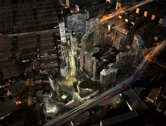 "Urban creek Aerial night" à Pékin" par ATOL/B612 associates.En charge du projet : Li-An Tsien.Partenaires : Li Mei Tsien, Giovanni Pulcioni, Olivier Matthieu.